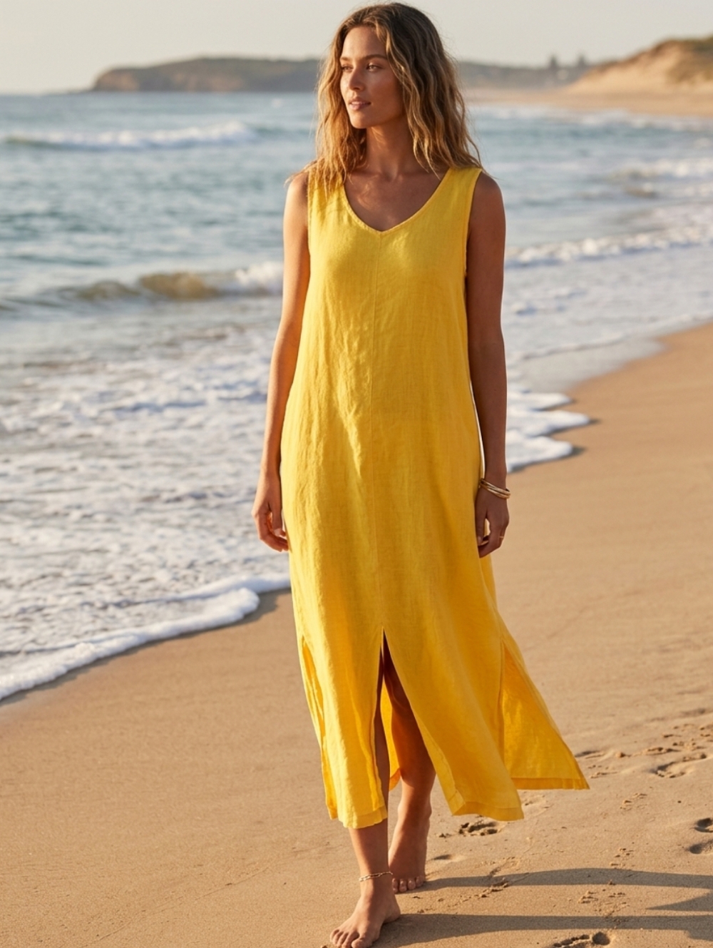 Flax 100% Linen Midi Dress Yellow Pockets Sleeveless Beachy Boho Lagenlook Slits